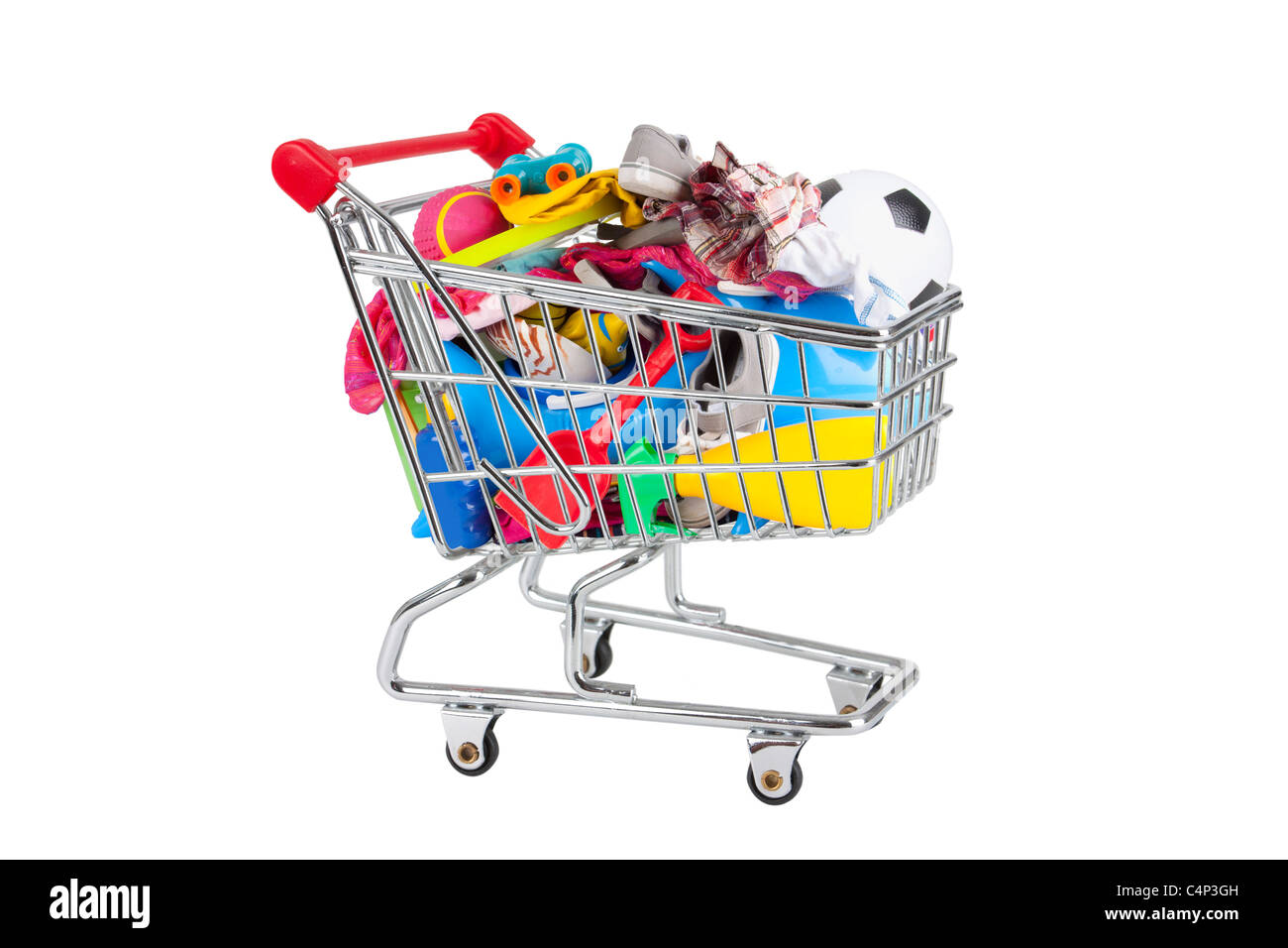 shopping trolley full of holiday things like swimwear, buckets, spades