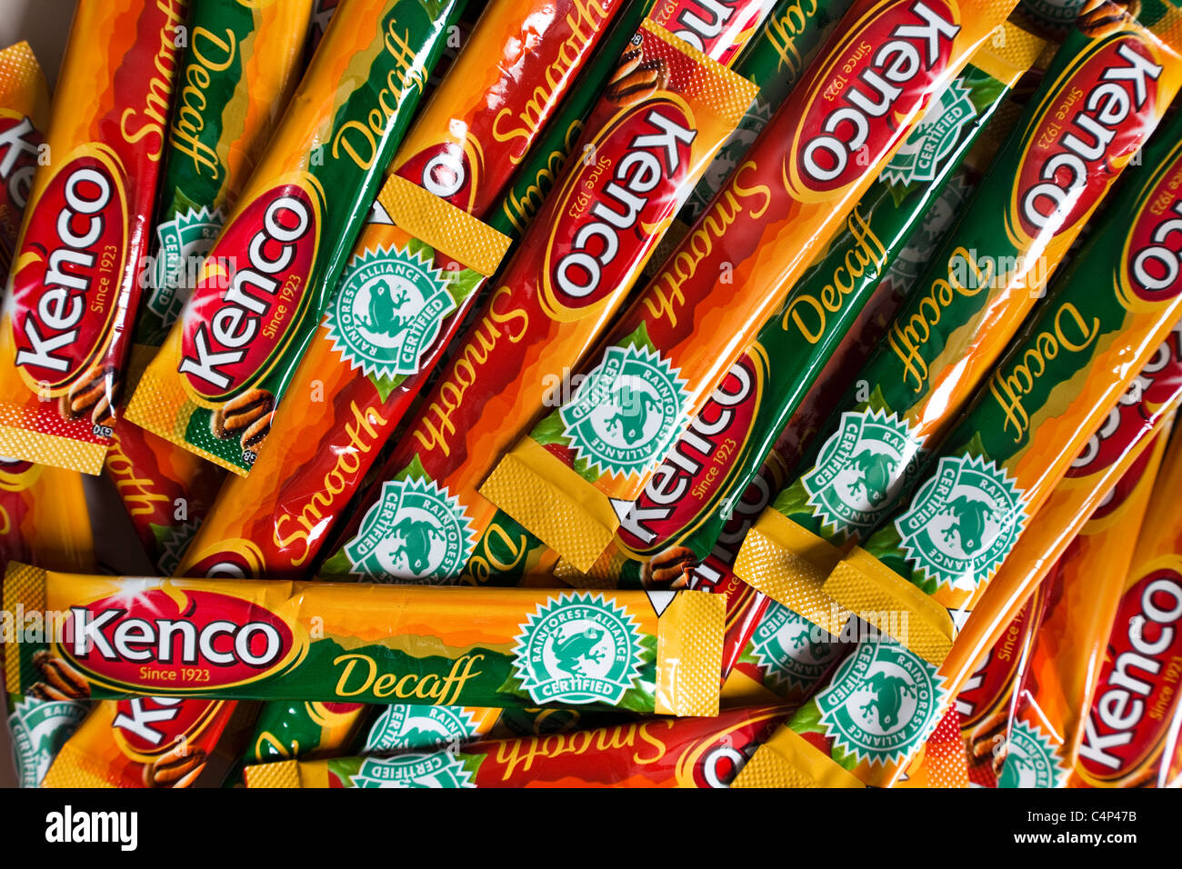 Kenco instant coffee sachets baring the Rainforest Alliance Certification logo Stock Photo