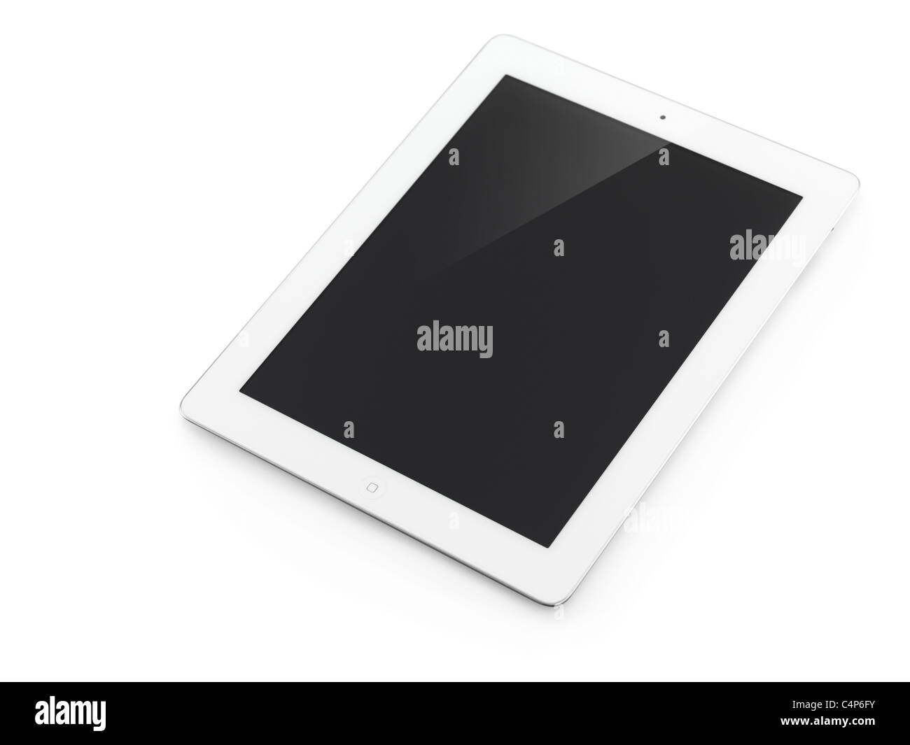 White Apple iPad 2 tablet computer with blacnk screen. Isolated with clipping path on white background. Stock Photo