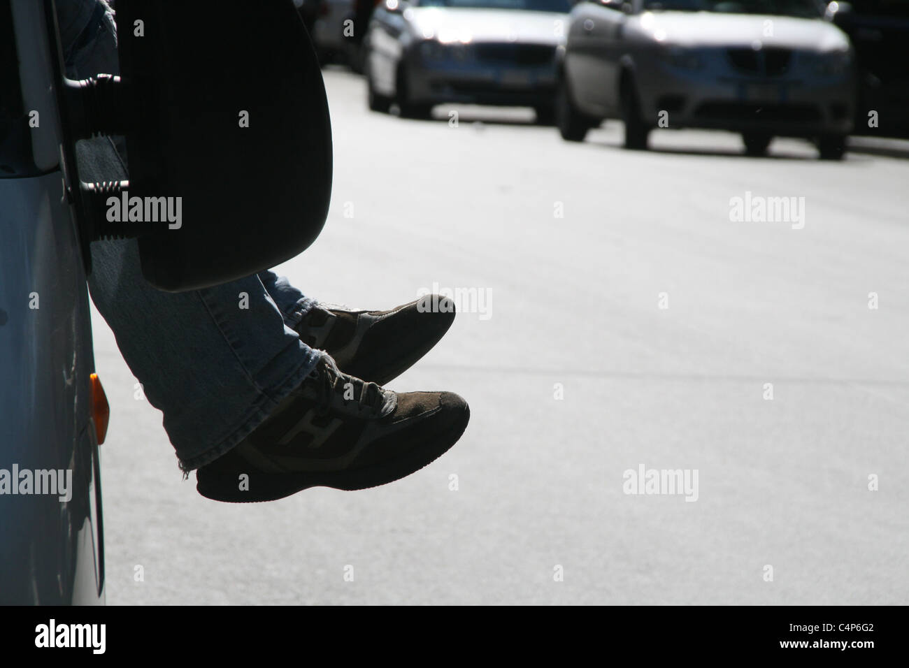 man sleeping in van in street road city town Stock Photo Alamy