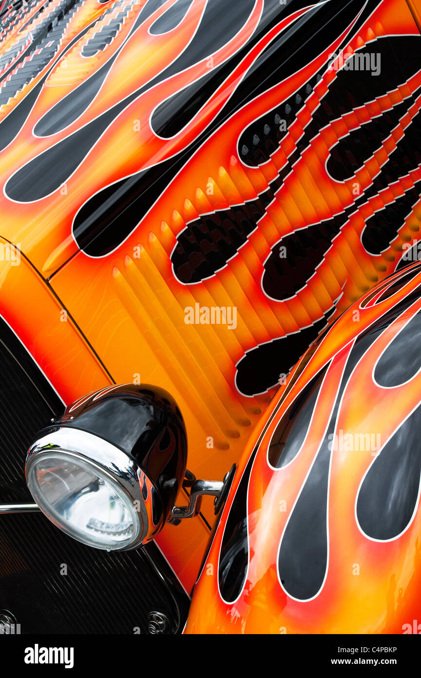 Ford hotrod custom car and flames detail Stock Photo