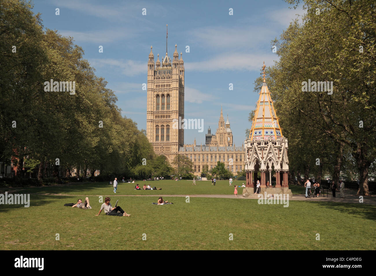 Buxton Memorial Fountain, in Westminster Palace Gardens with the Victoria Tower behind, Palace of Westminster, London, UK. Stock Photo