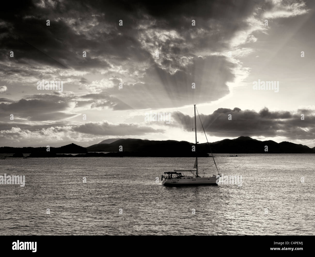 Boat off St. John, Virgin Islands and sunset. Stock Photo