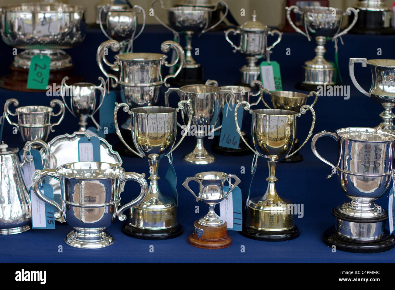Awards and Trophies, first, gold, win, isolated, metal, place, best, white, background, ceremony, celebration, shiny, bronze, contest, reward, medal, championship Events and Competitors at the Cheshire Game & Country Fair Show, Knutsford, UK Stock Photo