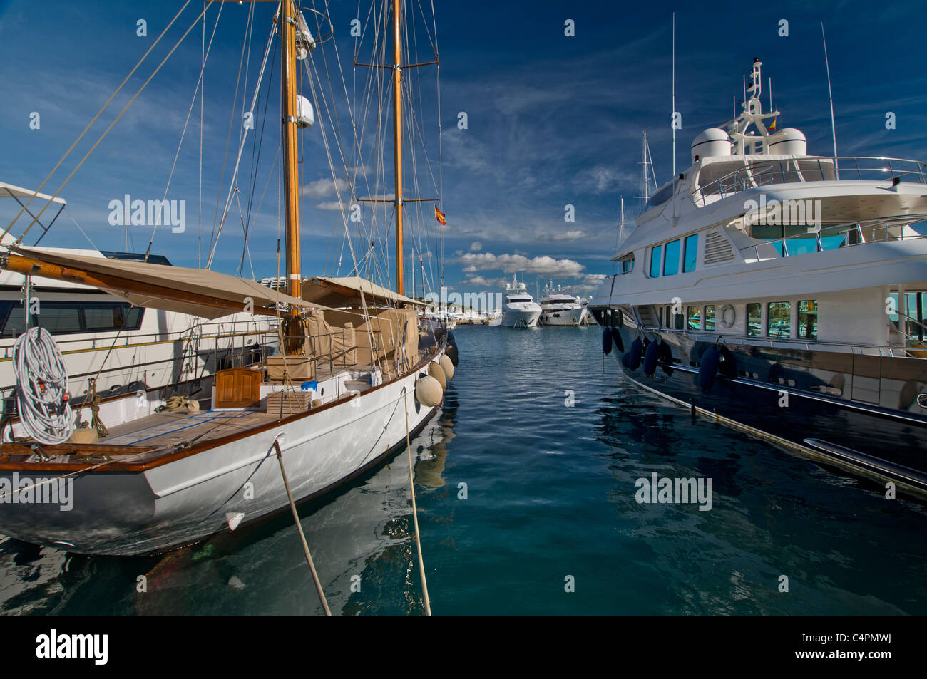Luxury motor yachts moored at Puerto Portals marina Portals Nous Palma