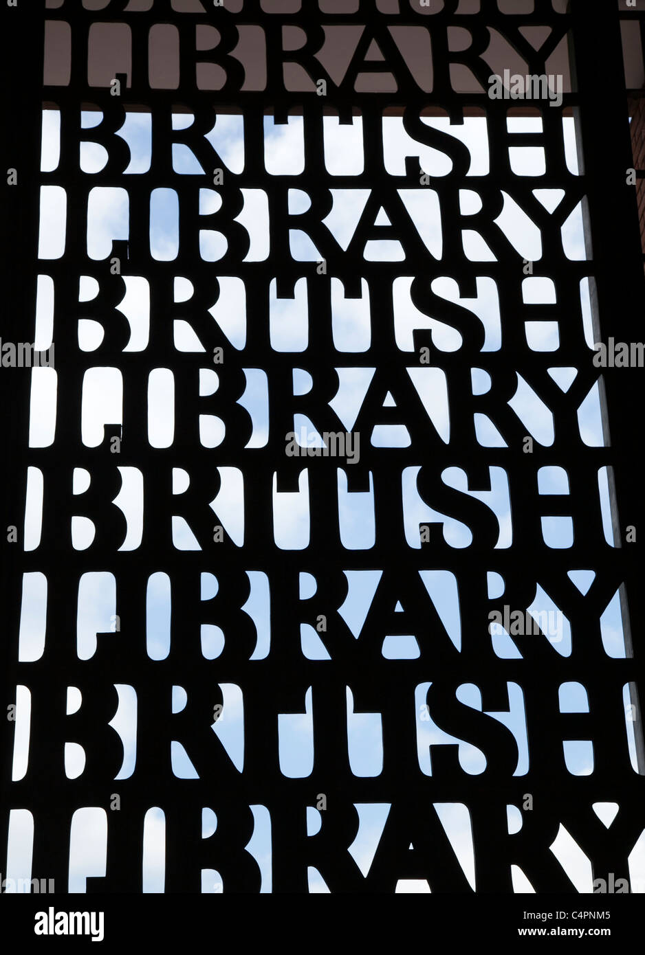 The words British Library as seen above the Euston Road entrance to the Library in London. Stock Photo