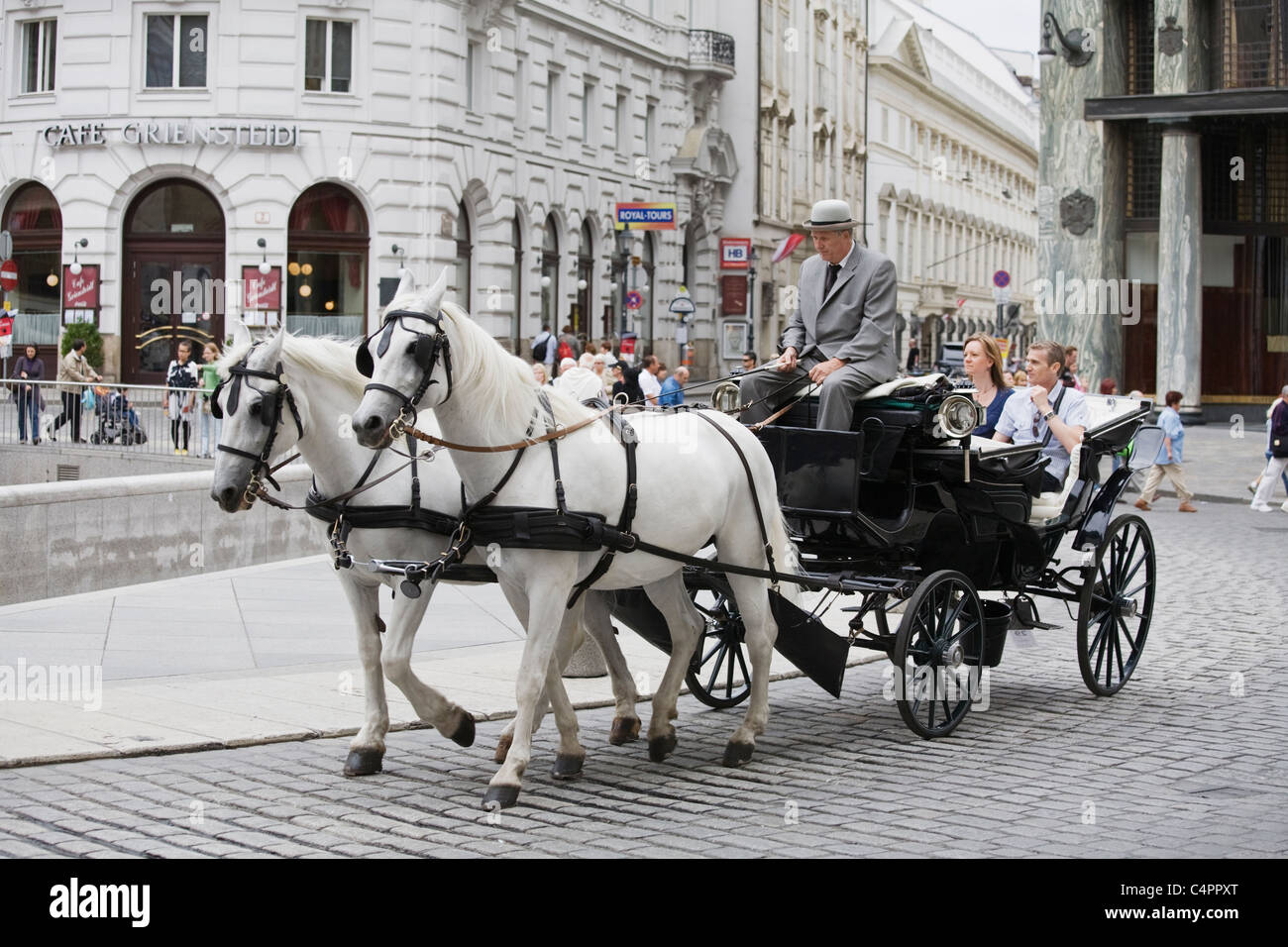 Horse and carriage, Cafe Griensteidl and Loos House in background, Michaelerplatz, Vienna, Austria Stock Photo