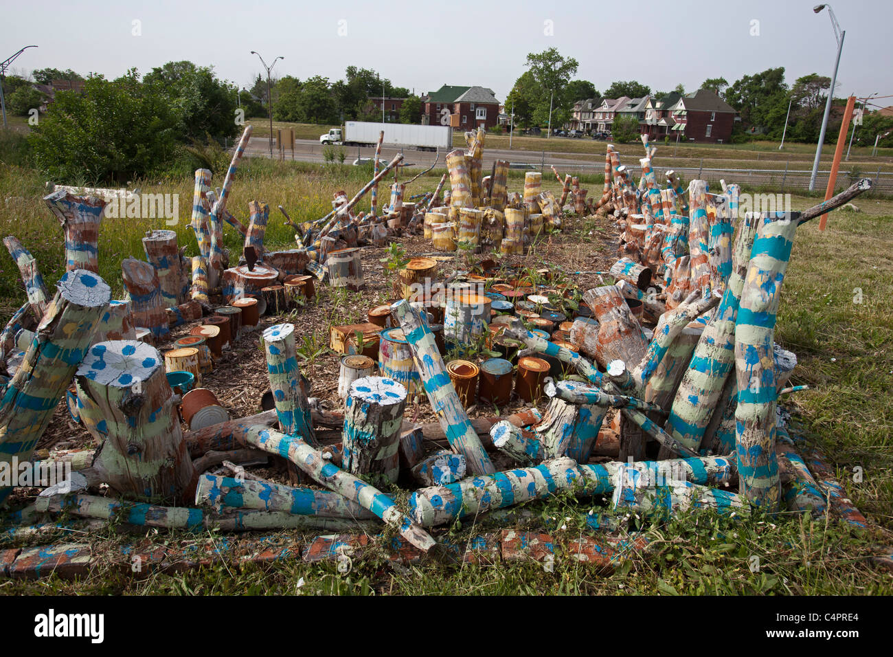Detroit, Michigan - An outdoor art installation along a freeway at the MBAD/ABA African Bead Museum. Stock Photo