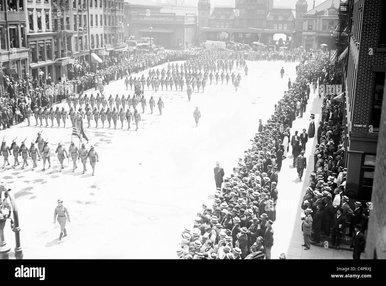 10th Calvary marching in parade on Wall St., New York City. 1909 Stock Photo
