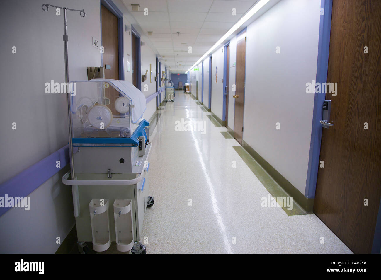 Corridor with incubators in maternity ward, Women's College Hospital