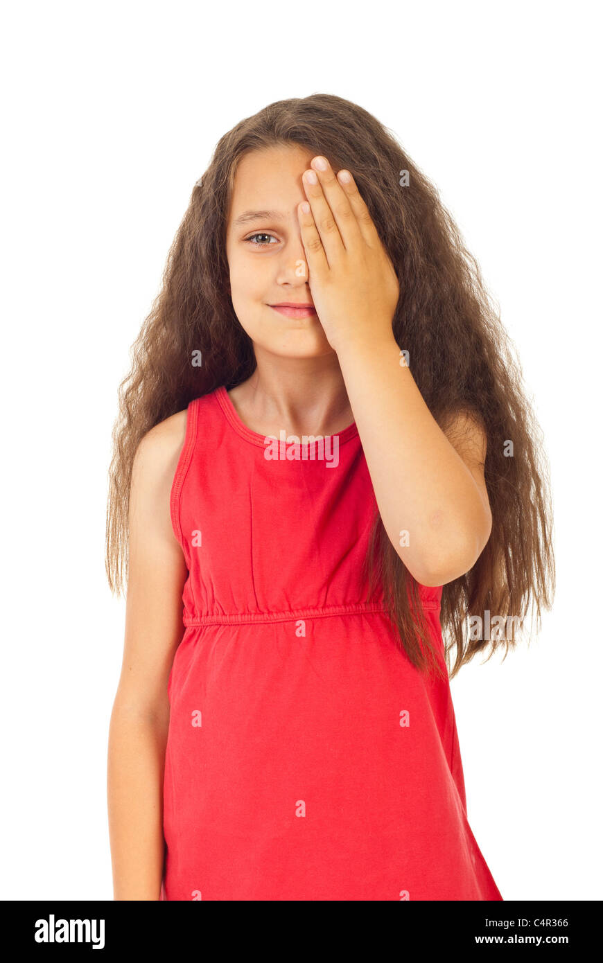 Girl covering one eye with palm for eyesight exam Stock Photo Alamy