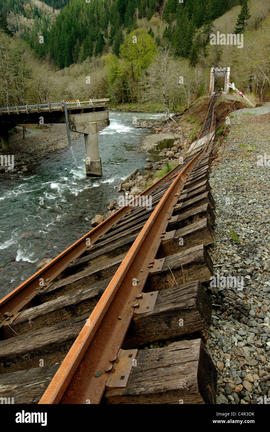 Railroad and highway washout on the Salmonberry River, Oregon, USA