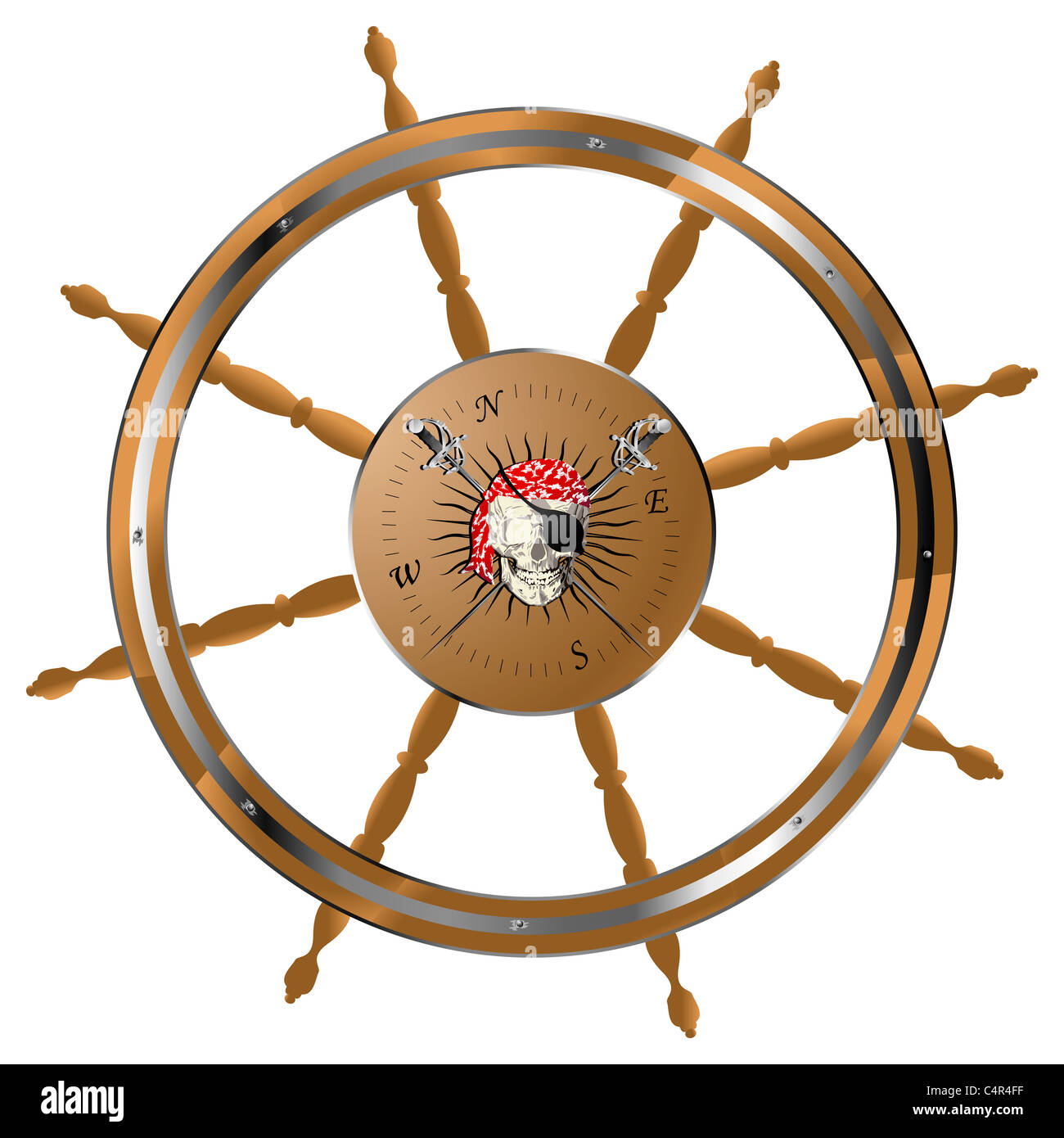 Pirate ship steering wheel with pirate skull Stock Photo Alamy