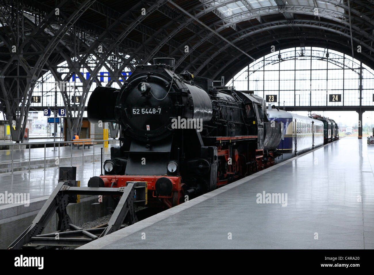Old steam locomotive at The Leipzig Hauptbahnhof train station in Leipzig Saxony Eastern Germany Stock Photo