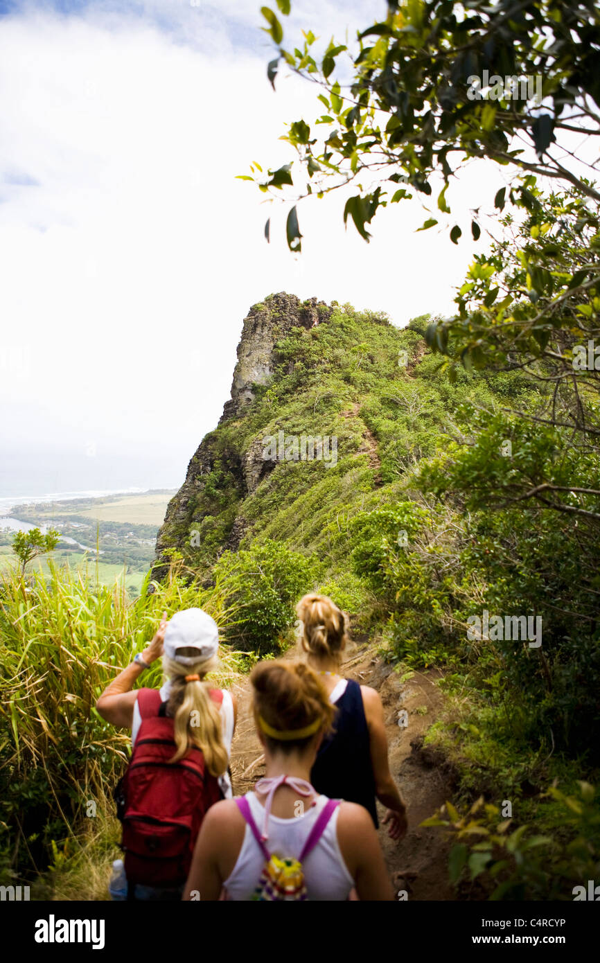 Three women on on Nounou Mountain hiking trail, Kauai, Hawaii, USA Stock Photo