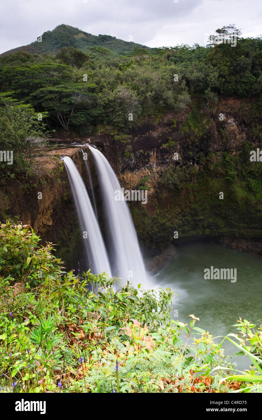 Wailua Falls were featured in the opening of TV show Fantasy Island, Kauai, Hawaii Stock Photo