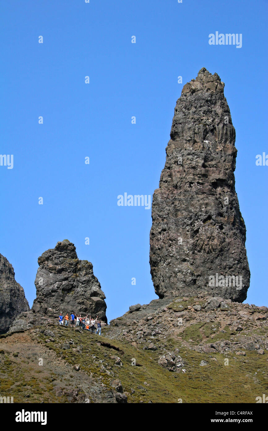 Hiking up through the rock formations of The Storr,  Sutherland, Highland, Scotland Stock Photo