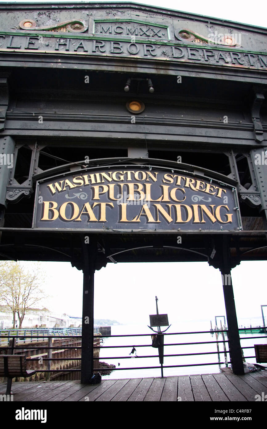 Sign at Washington Street Public Boat Landing, Pike Place, Seattle, Washington, USA Stock Photo