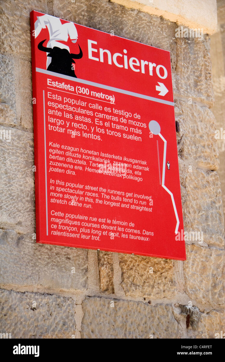 Sign for the Encierro (running of the bulls route), Pamplona, Spain Stock Photo