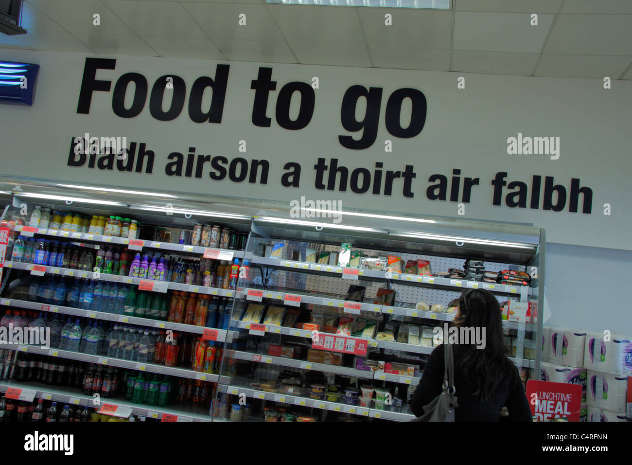 Gaelic signage in Co-op shop in Kyle of Lochalsh, Scotland Stock Photo