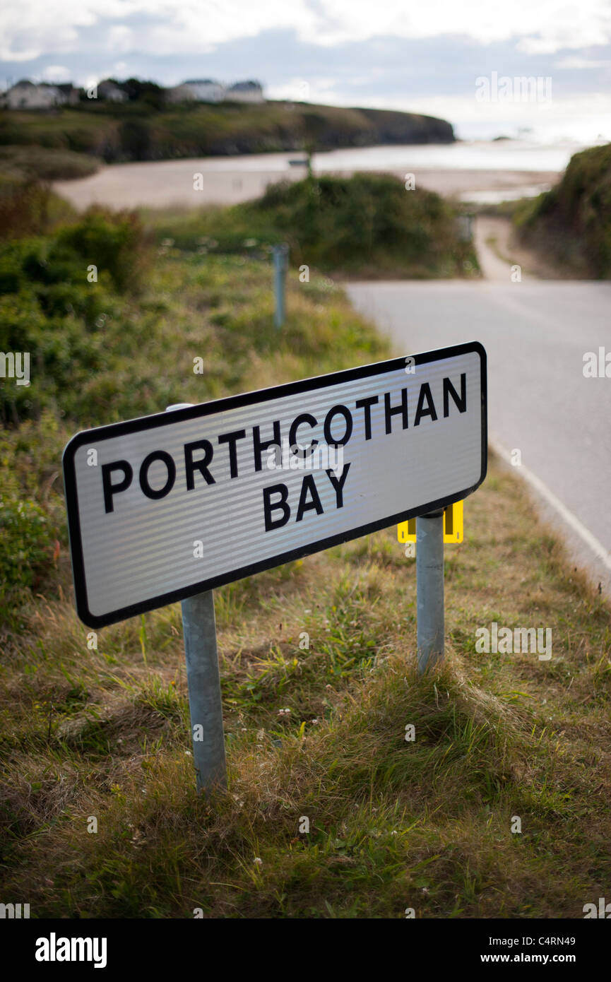 Porthcothan Bay near St Merryn and Padstow Cornwall England sign with views beyond to the beach and sea Stock Photo