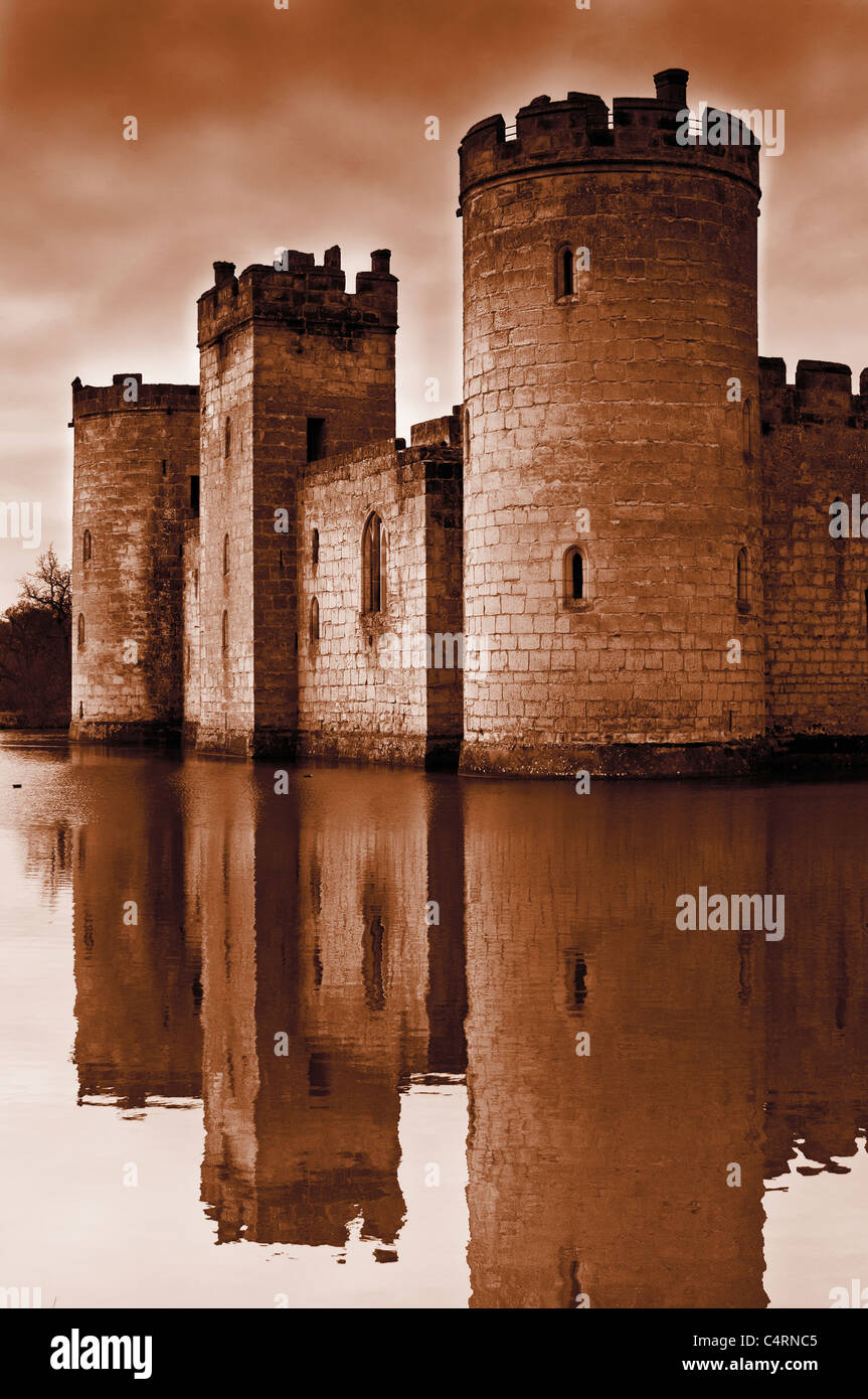 castle,ruin,romantic,reflection,tower,moat,water,portrait Stock Photo