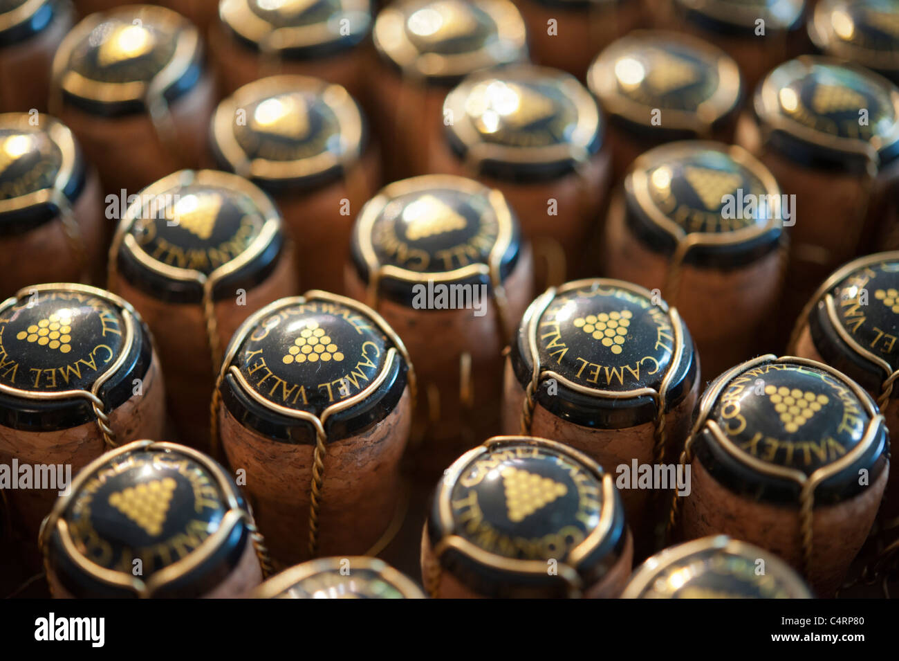 Close up of Camel Valley Wine corks, with differential focus highlighting central corks. Stock Photo