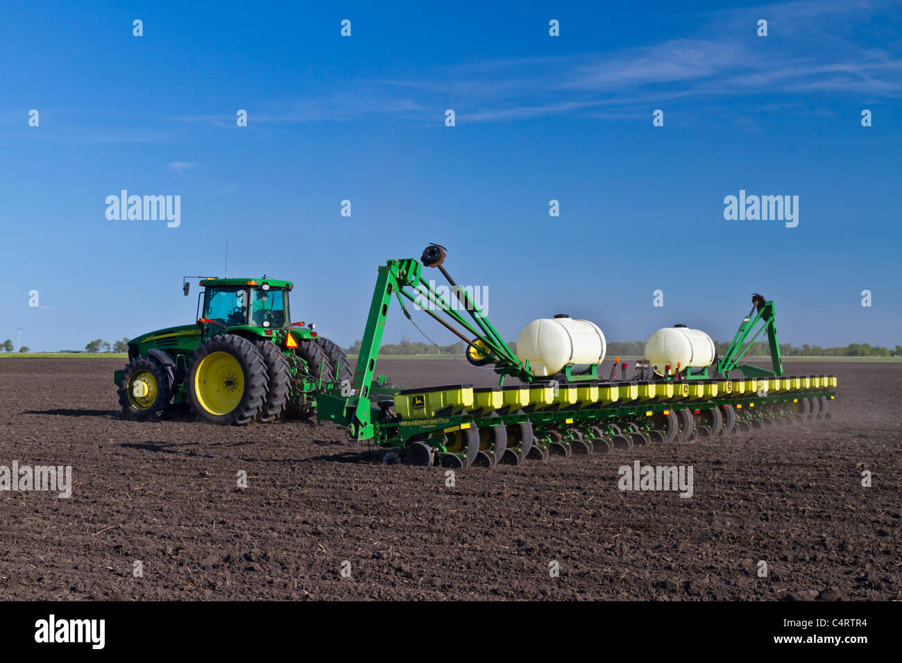 Spring planting of bean crop on the Froese farm near Winkler, Manitoba, Canada. Stock Photo