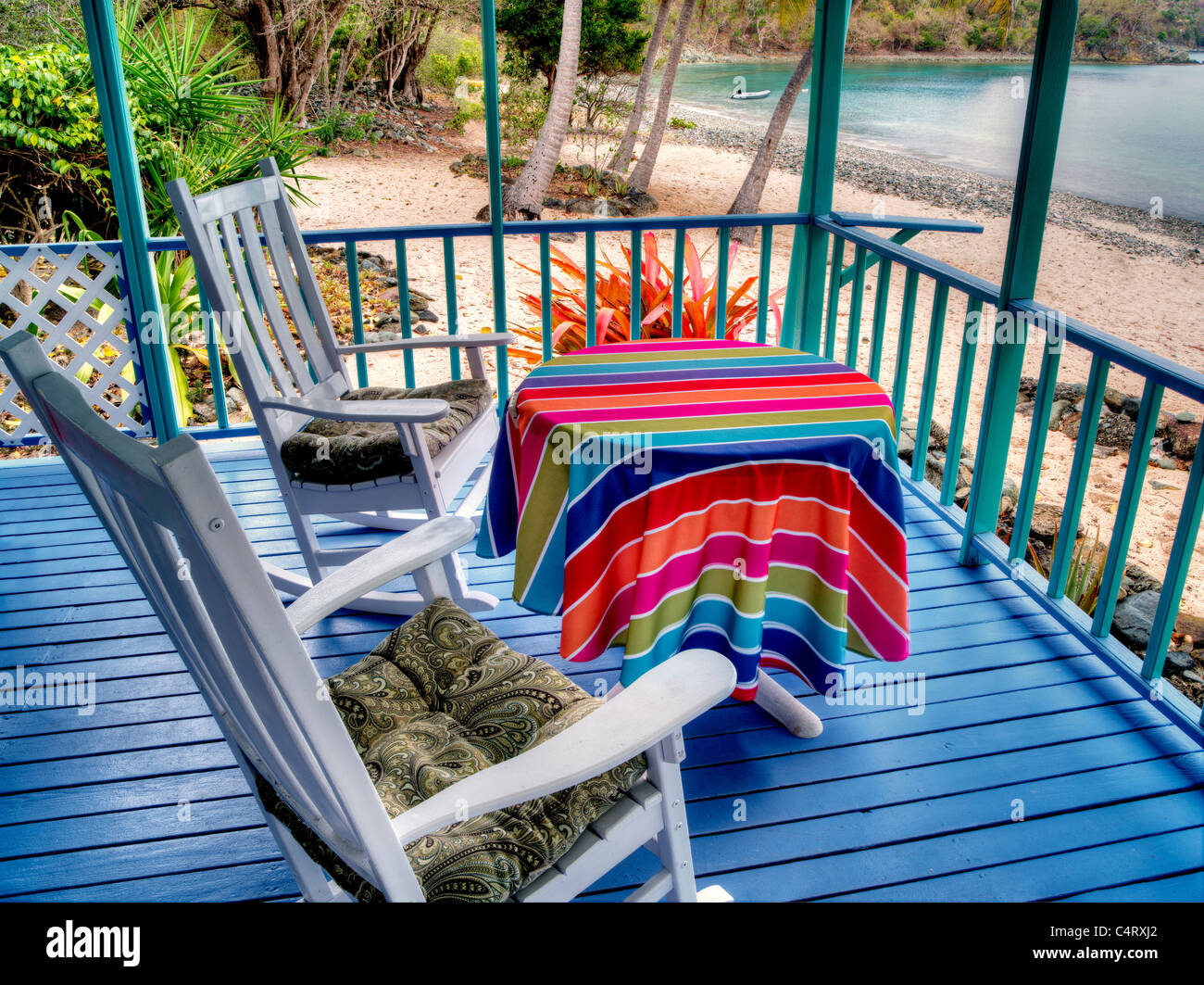 Cottage with table and chairs and ocean view. St. John, Virgin Islands. Stock Photo