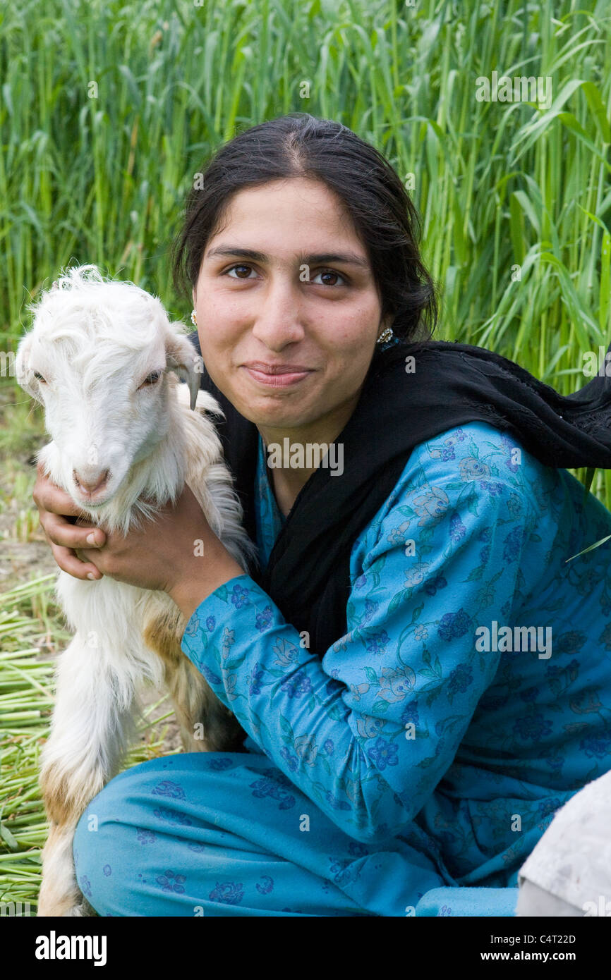 Kashmiri woman with a goat, in grass fields near Manasbal Lake, in the state of Jammu & Kashmir, India Stock Photo