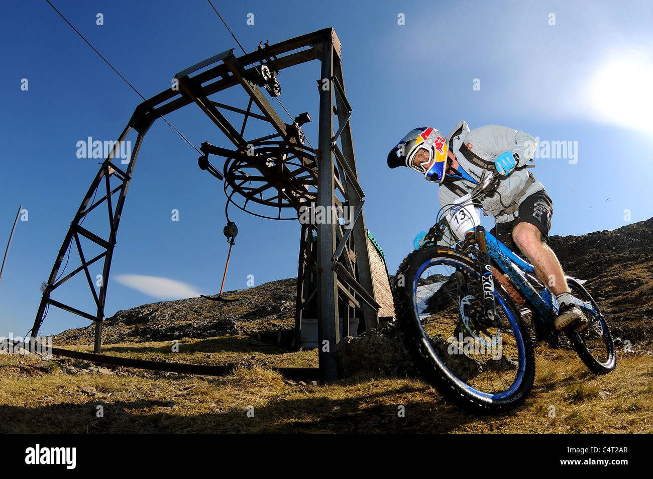 Red Bull sponsored professional trials bike rider Danny MacAskill races his mountain  bike at a downhill event in Scotland Stock Photo - Alamy