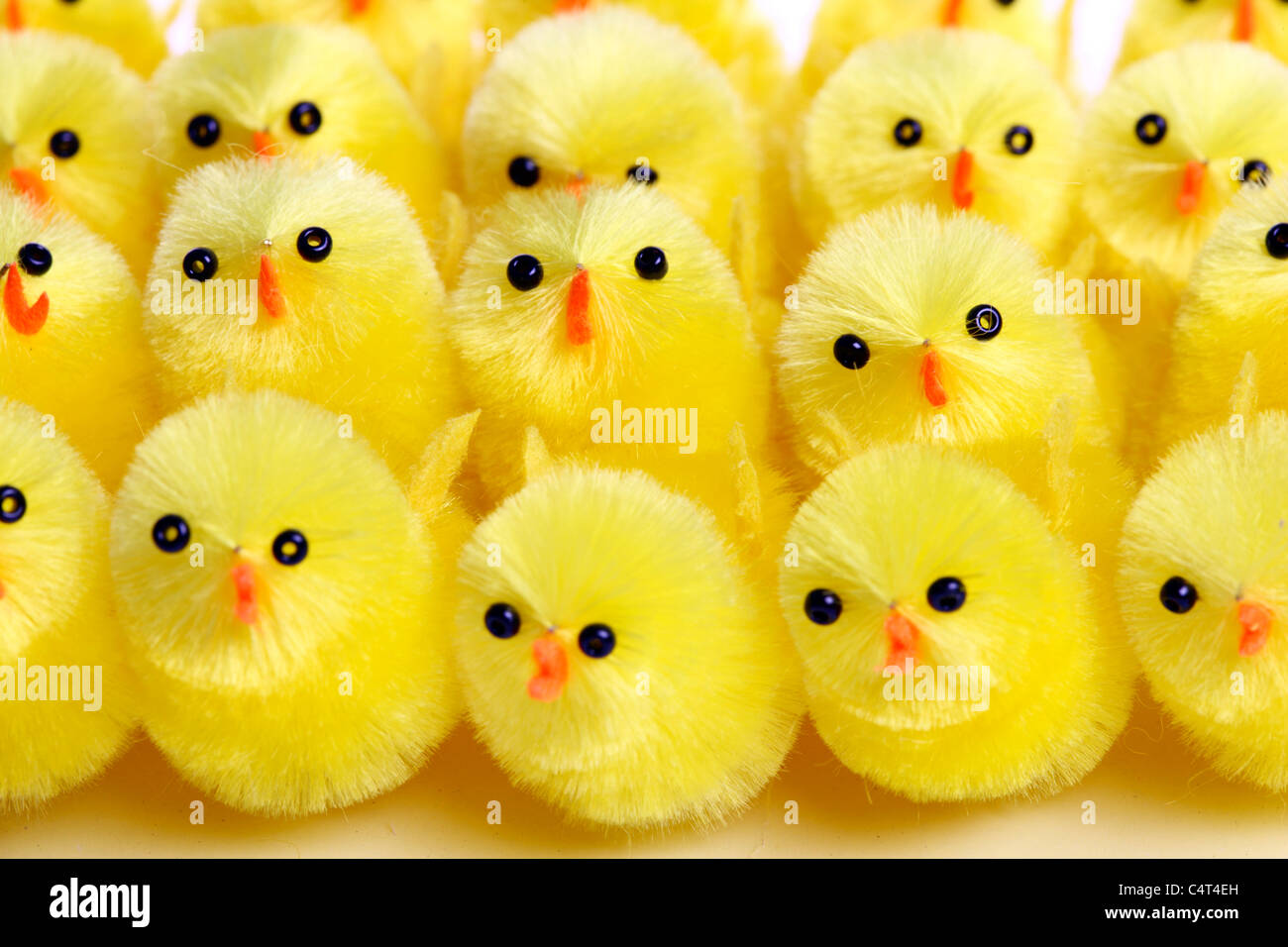 Easter decoration. Little plastic fledglings, young chicken figures