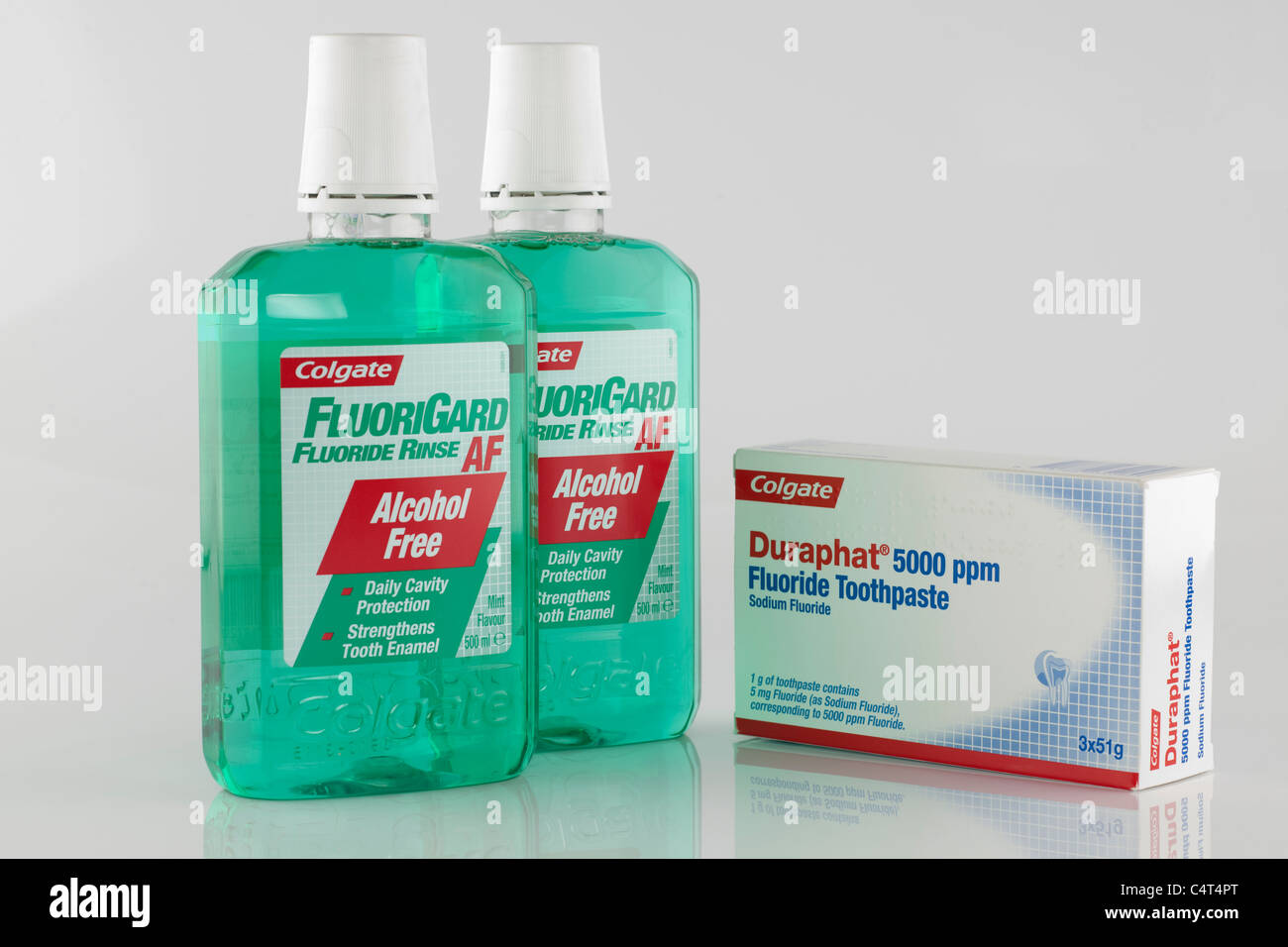 Dental hygiene Colgate Fluoriguard and Colgate Duraphat 5000 ppm fluoride toothpaste Stock Photo