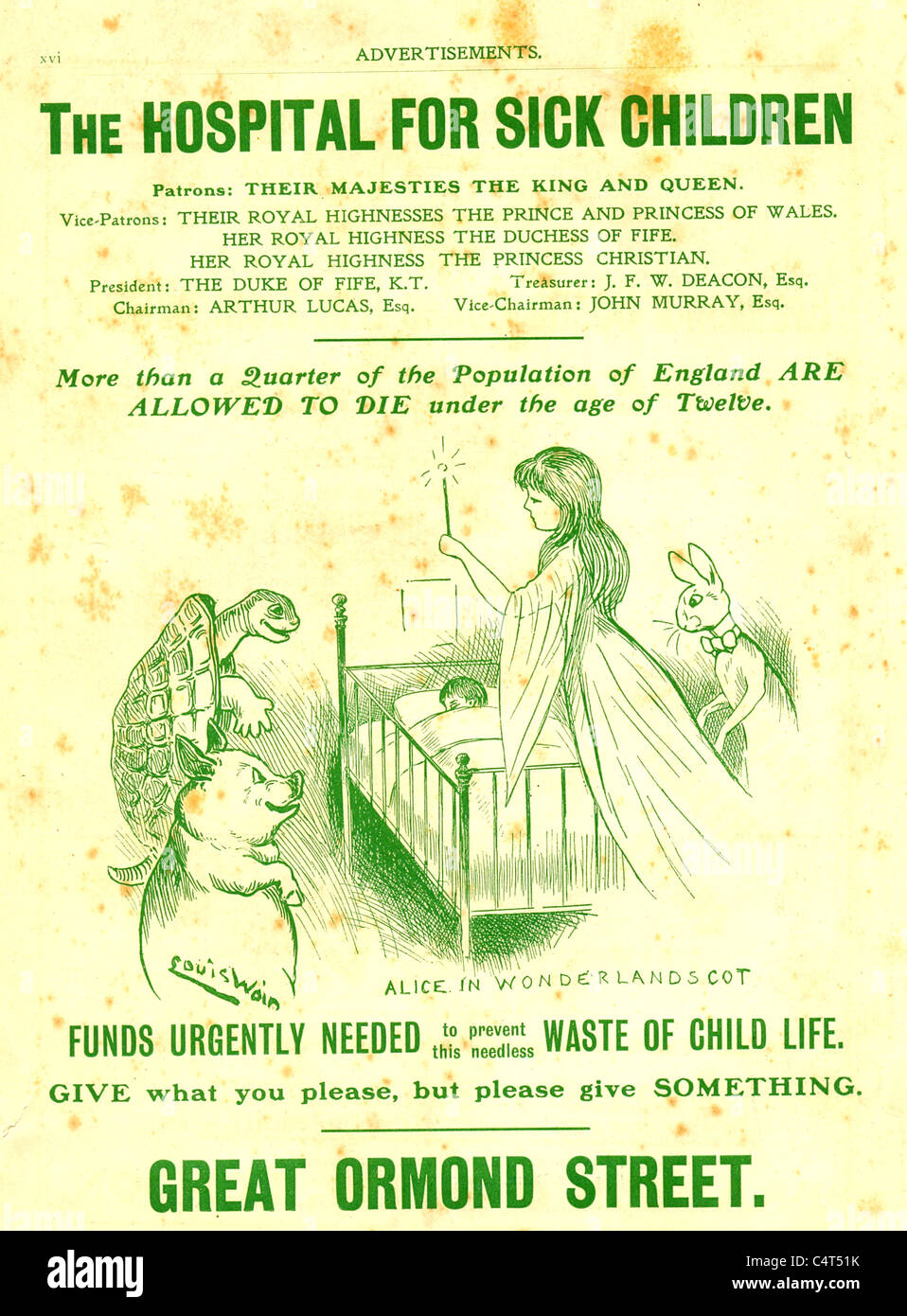 Advertisement for funds for the Hospital for Sick Children showing the Alice in Wonderland cot 1904 Stock Photo