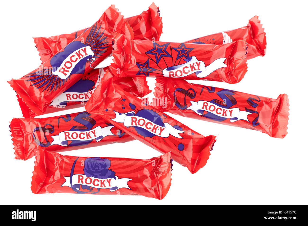 Nine  individually wrapped Rocky chocolate bars Stock Photo