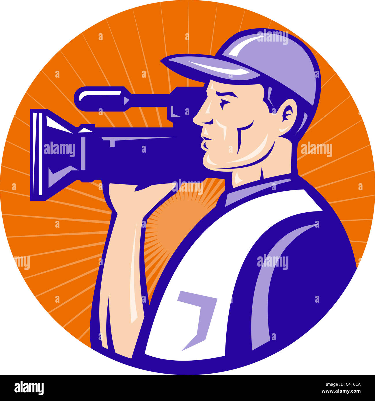 illustration of a cameraman film crew shooting with video movie camera set inside circle done in retro style Stock Photo