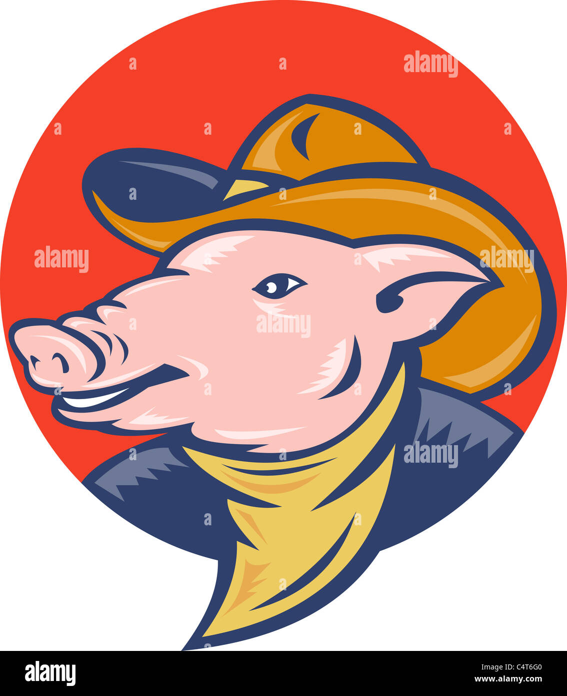 illustration of a pig with cowboy hat and bandanna set inside a circle done in retro style. Stock Photo
