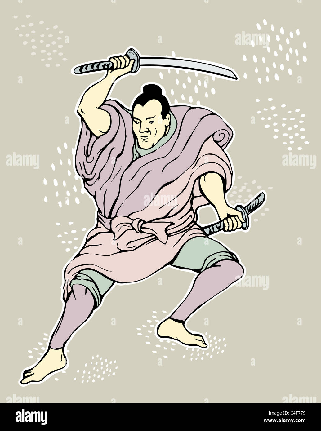 illustration of a Samurai warrior with katana sword in fighting stance done in cartoon style Stock Photo