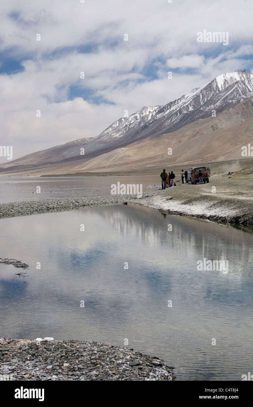 Near Leh, Ladakh in northern India are the Himalayas with snow-capped mountains surrounding arid, barren cold desert; inhabited by Tibetan descents. Stock Photo