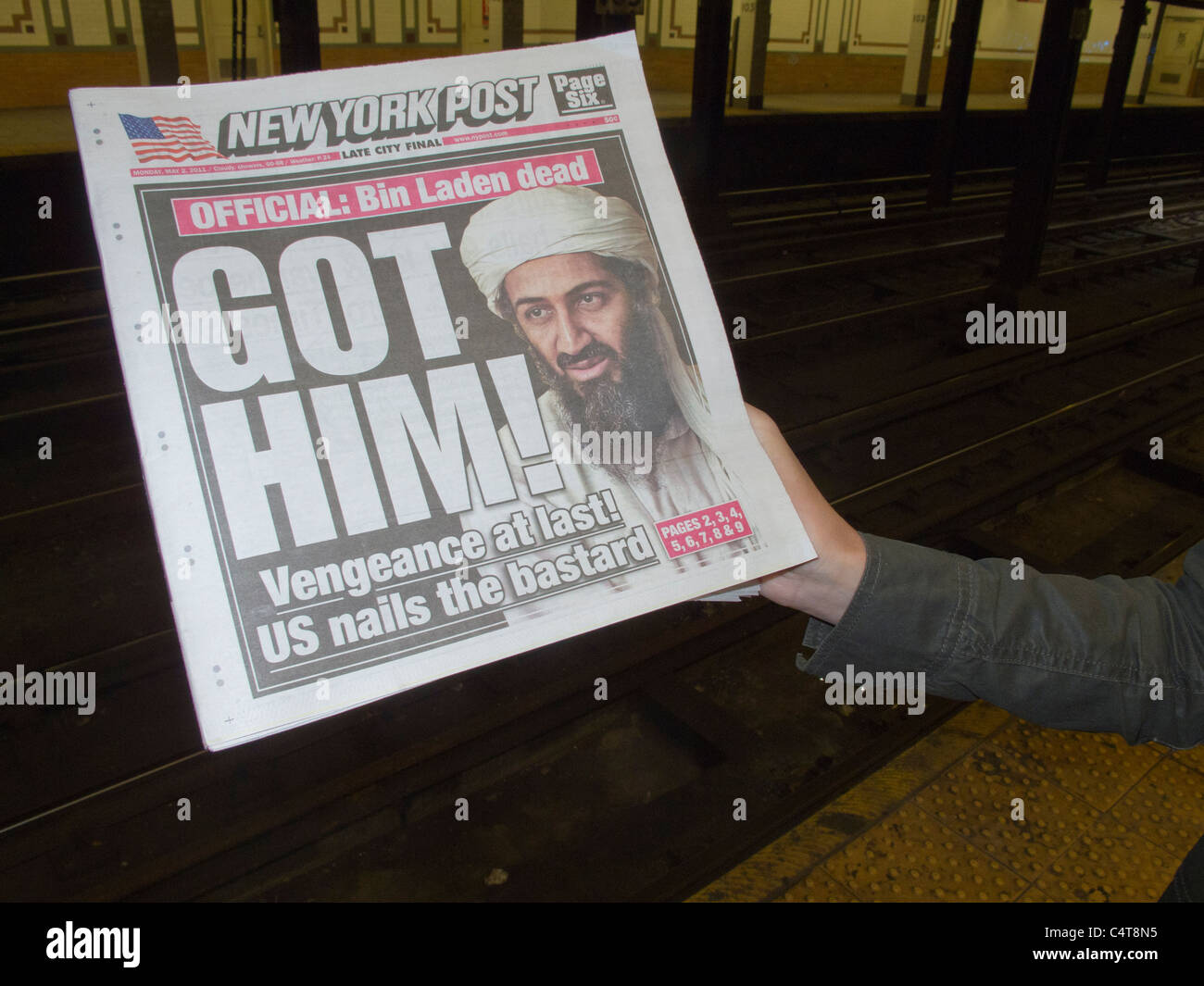 The New York Post headlines the day after the death of Osama Bin Laden was announced Stock Photo