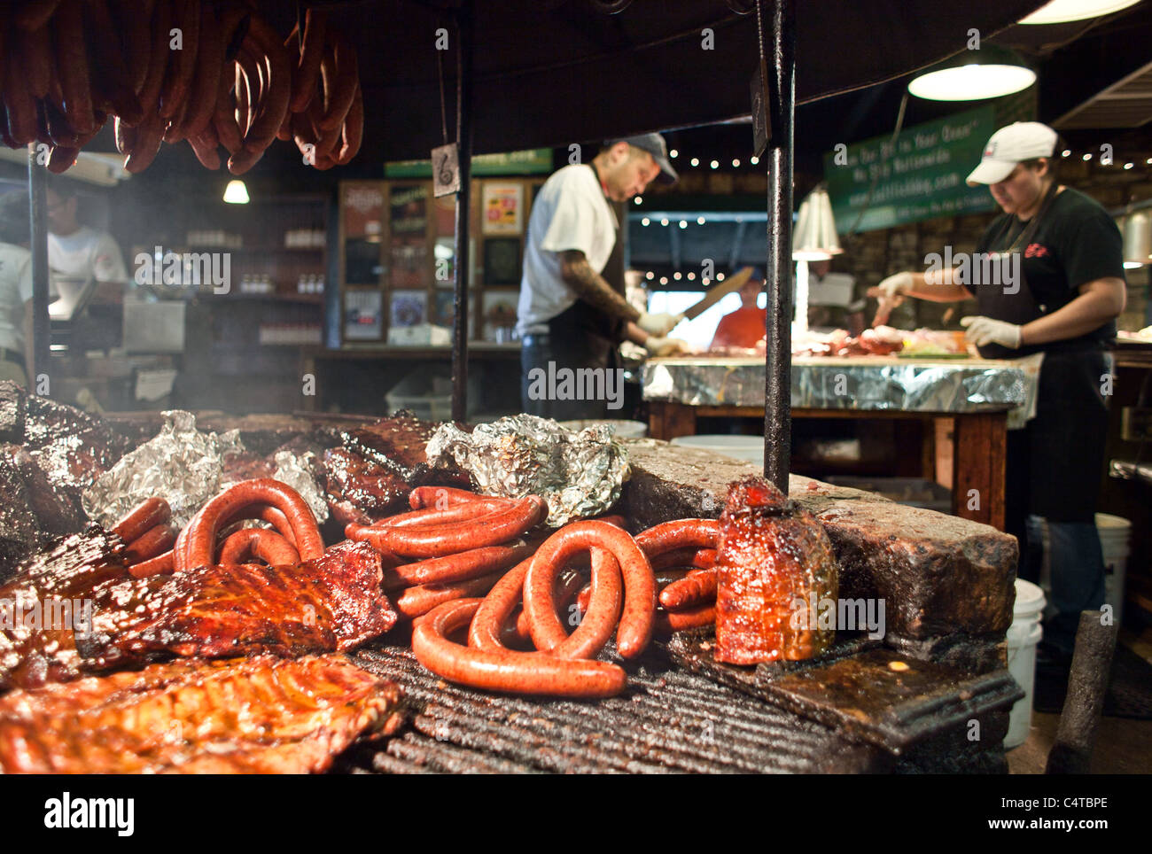 The Salt Lick BBQ pit - Ribs, sausage, and brisket Stock Photo