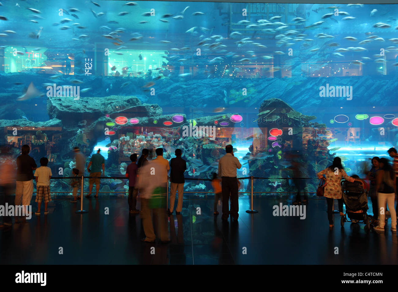 People in front of the aquarium inside of Dubai Mall Stock Photo