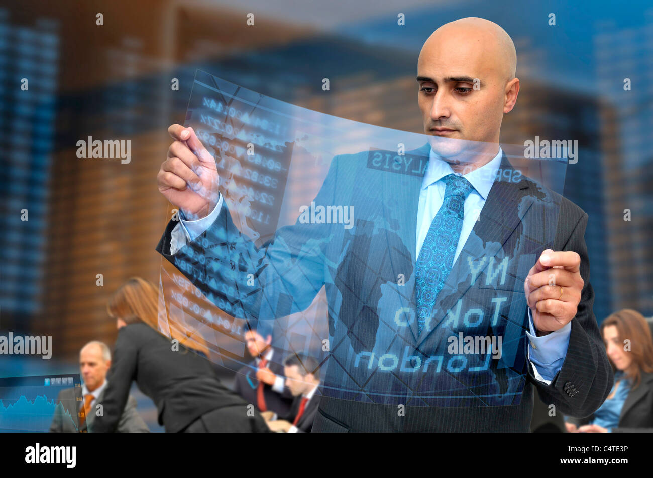 Businessman with high tech stock exchange newspaper Stock Photo