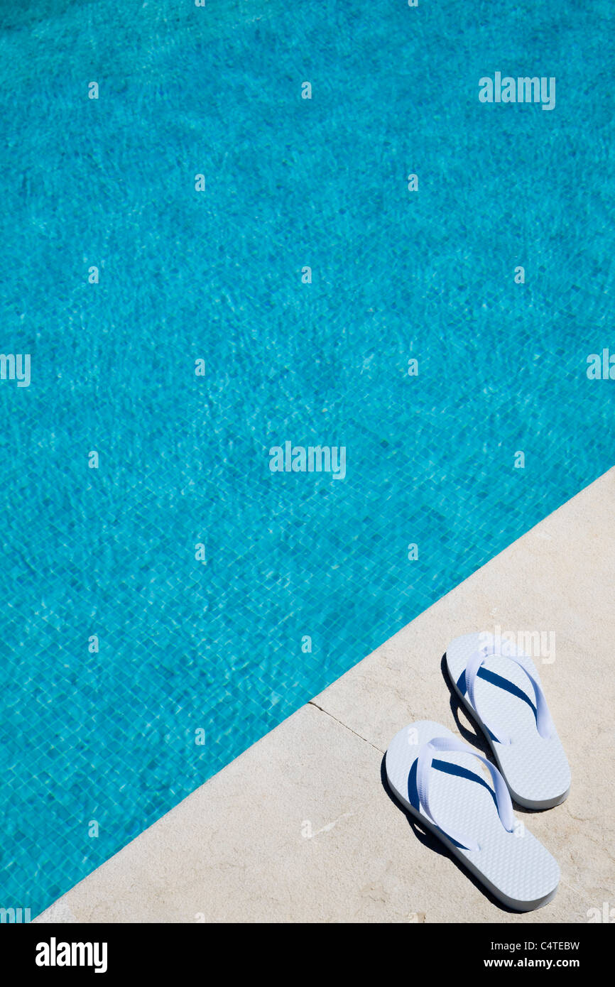 Flip Flops by Pool, Mallorca, Balearic Islands, Spain Stock Photo