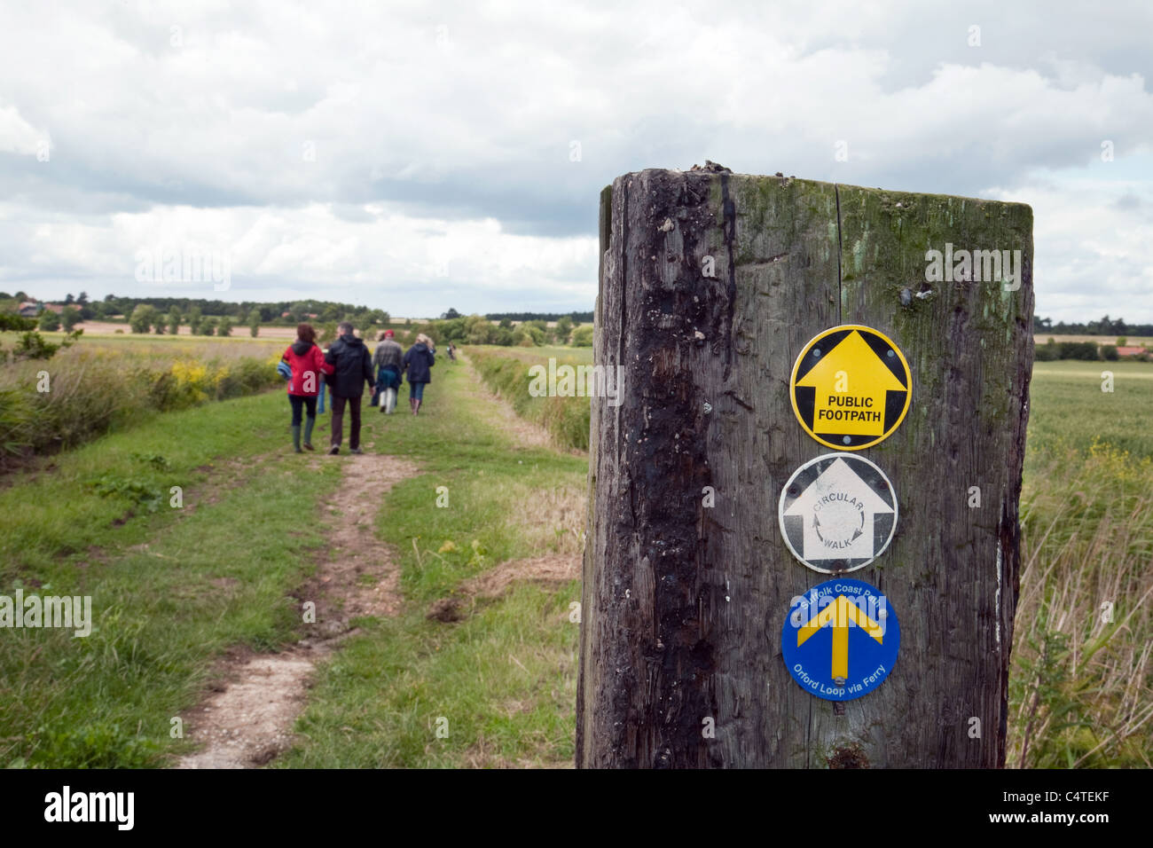 People walking a footpath in the countryside, Orford, Suffolk UK Stock Photo