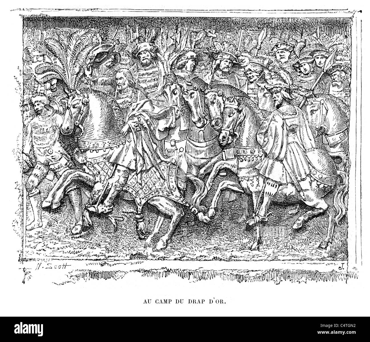 Bas Relief showing the meeting between Henry VIII and Francois 1st at the Field of the Cloth of Gold in 1520 Stock Photo
