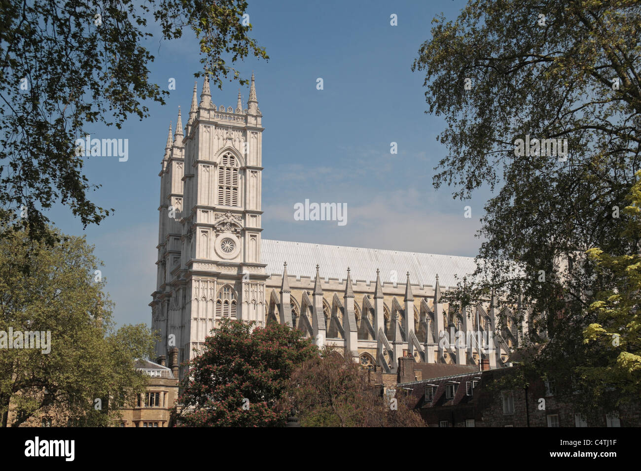 Unusual view of Westminster Abbey from Deans Yard, the grounds of Westminster School, London, England. Stock Photo