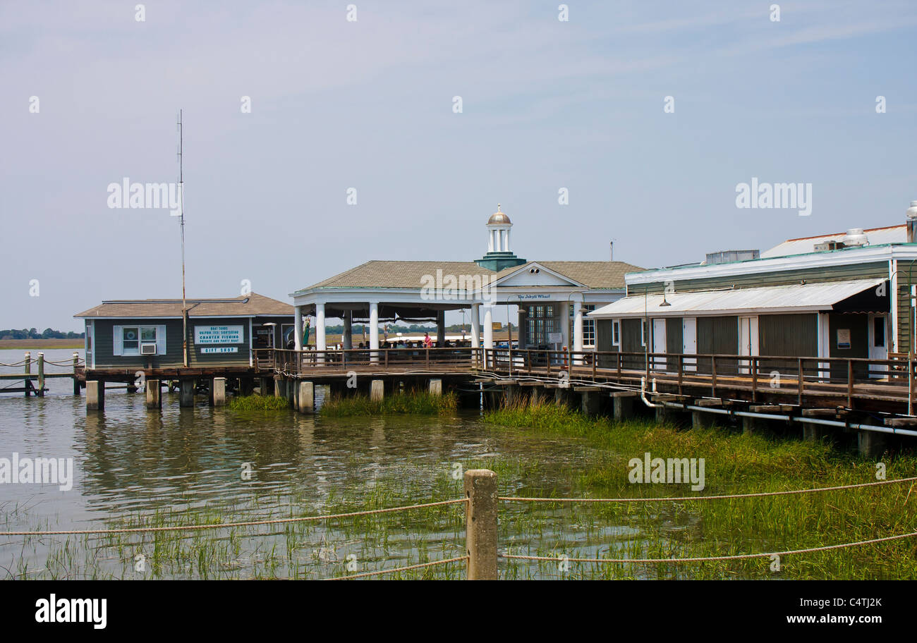 Restaurants and shops on the wharf on Jekyll Island Stock Photo