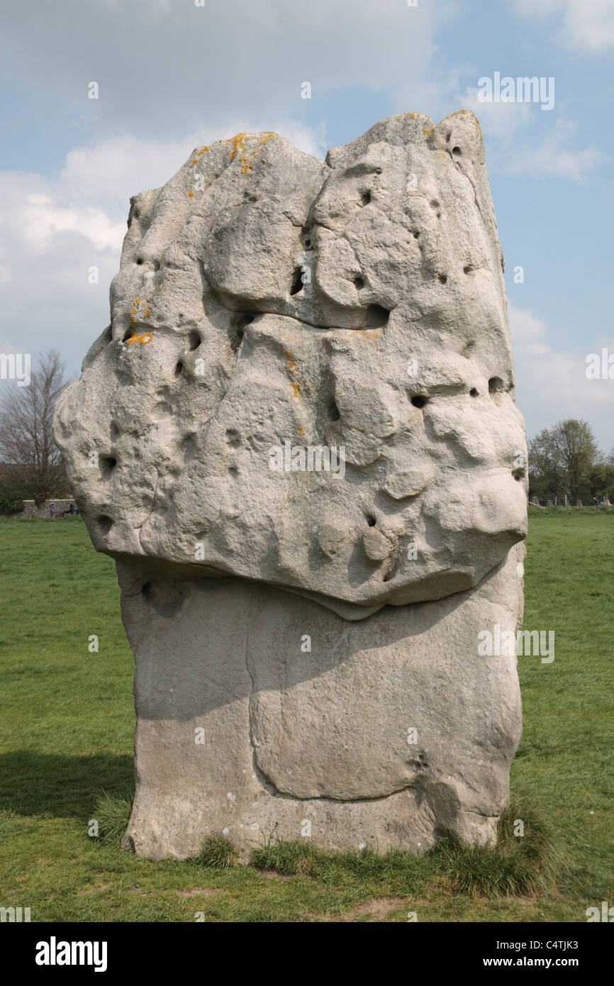 A massive outer circle sarsen standing stone, part of the Avebury Henge & Stone Circles site, Wiltshire, England. Stock Photo