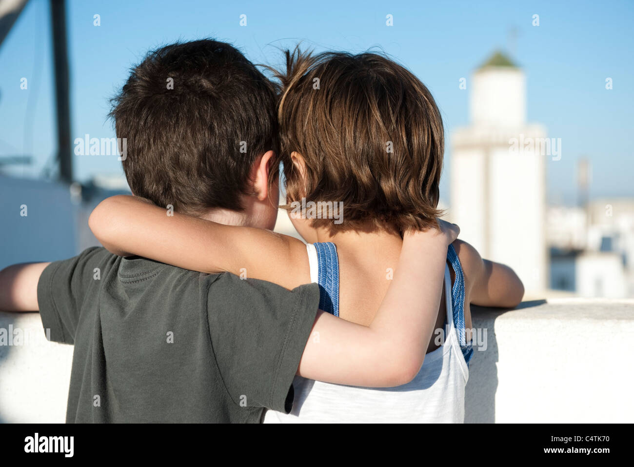 Young siblings with arms around each other's shoulders, rear view Stock